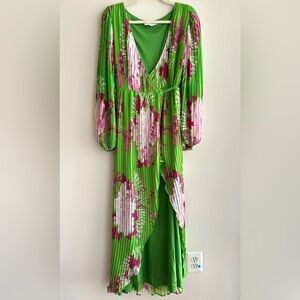 ASOS Design Wrap Maxi Dress Balloon Sleeves with Green Florals, Green/Pink, 6